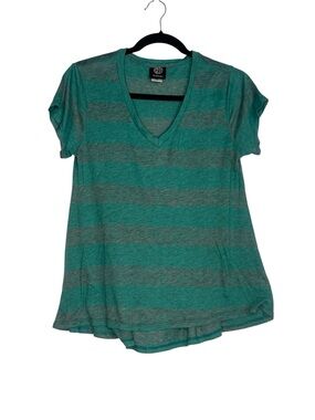 bobeau Teal and Gray Striped V-Neck Short Sleeve Top